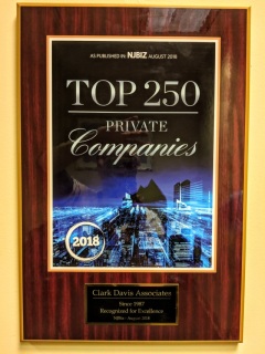 photo of NJBIZ TOP250 Award granted in September 2018 to Clark Davis Associates staffing agency of Parsippany NJ