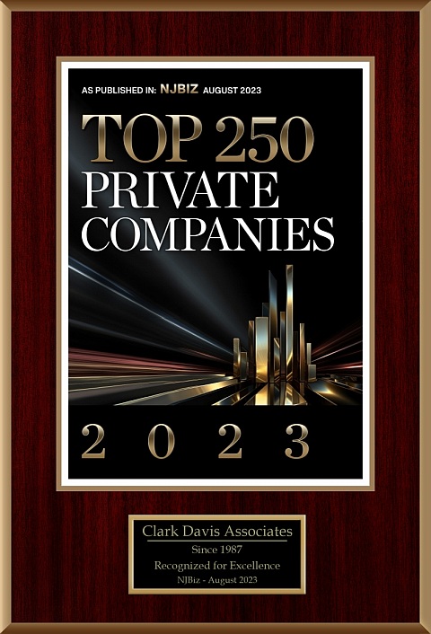 Image of August 2023 NJBIZ Top 250 award for staffing companies earned by Clark Davis Associates.