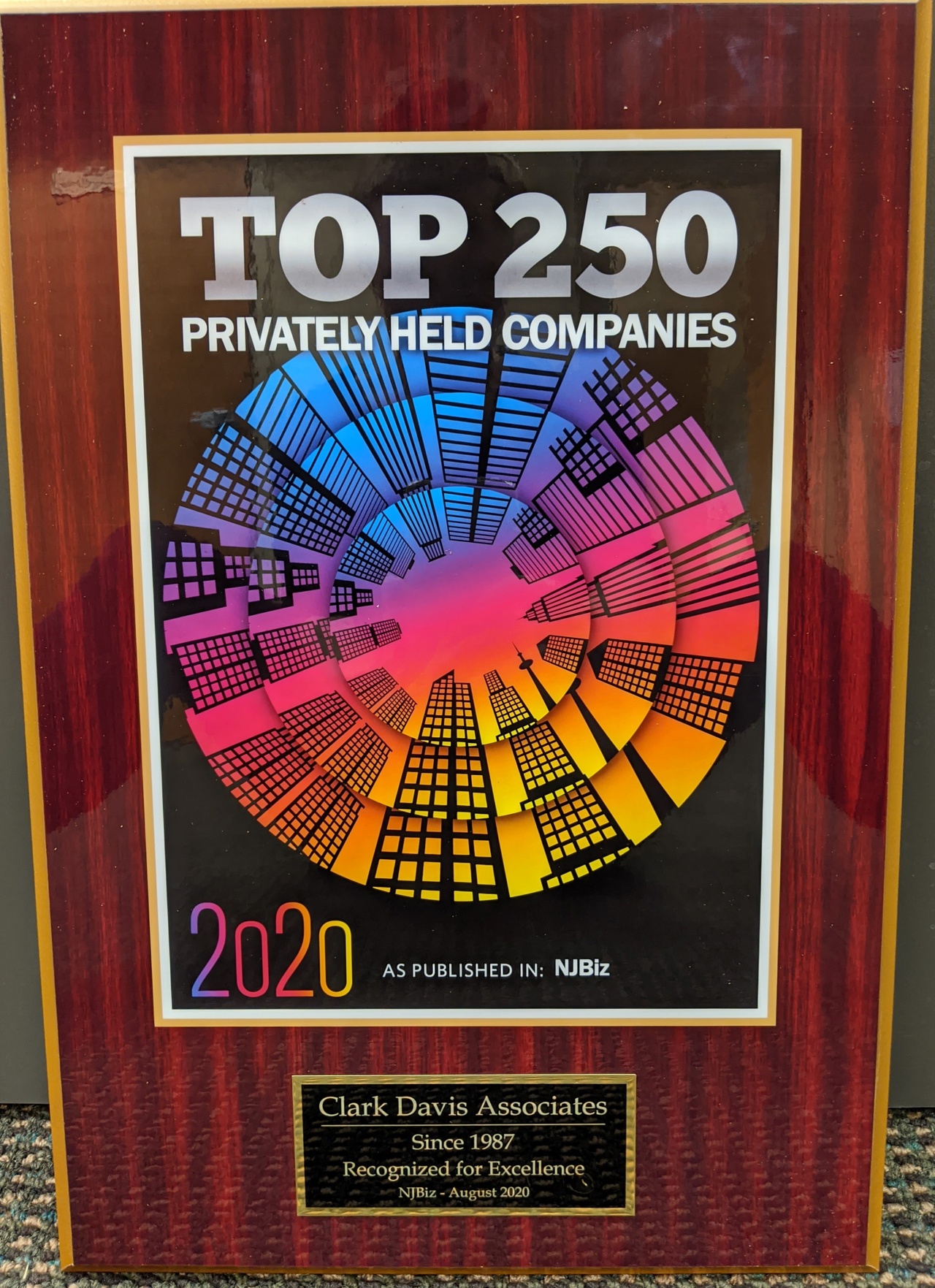 Photo of Clark Davis Associates NJ Biz TOP 250 award plaque