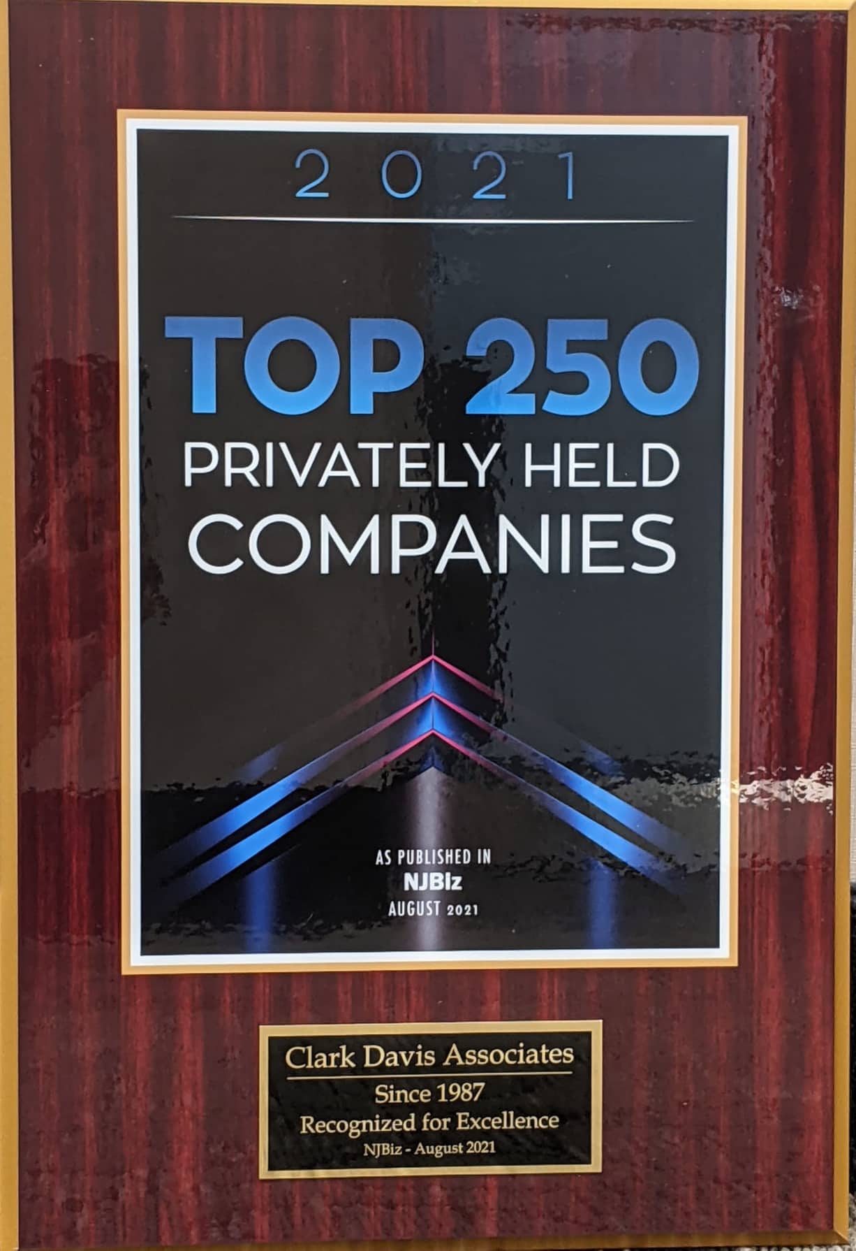Photo of NJBIZ TOP 250 award granted to Clark Davis Associates as of August 2021